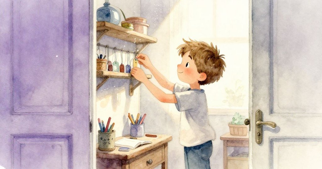 布拉姆在工作室隱蔽角落整理標籤及移動架子,陽光穿窗而入,細微塵埃在光線中舞動,情境充滿發現感