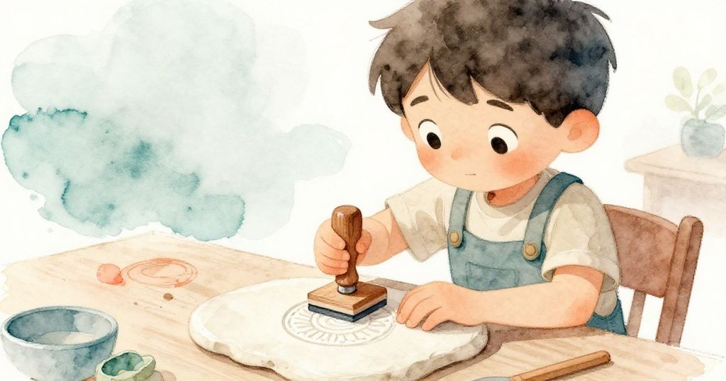 路克專注調整木印章,在黏土上細心壓出完美玫瑰花紋,動作沉穩,工作站細節豐富,情感充滿堅定