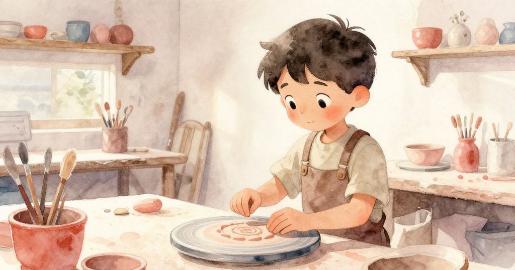 路克滿懷平靜欣賞剛完成的陶藝玫瑰花紋,微風吹拂,肌膚上露珠閃爍,寓意藝術成就與寧靜