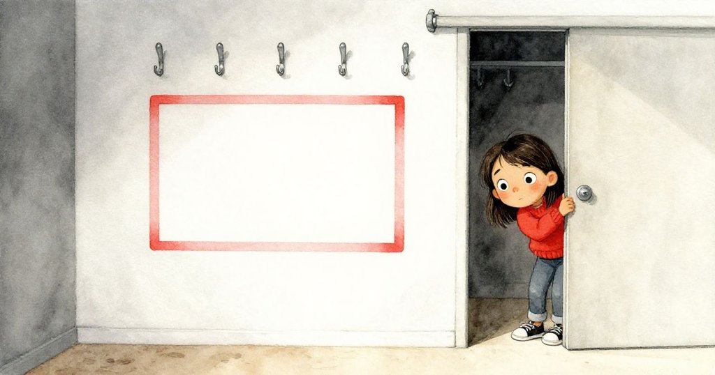 法伊好奇地望著壁櫥上明亮的油漆矩形與整齊排列的金屬掛鉤，探索神秘空間的開始。