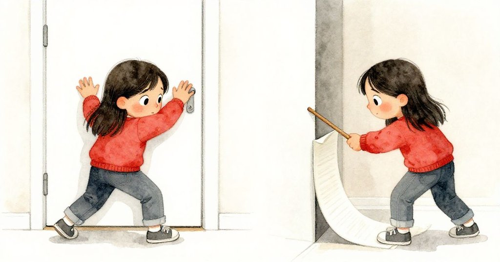 法伊用力推動粗糙的金屬門，並熟練地運用木製指示棒滑動包裹紙捲，神情專注又略帶不適。