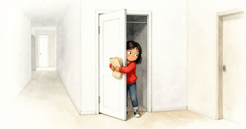 法伊緊抱整齊折好的沙紙，喜悅地步入充滿柔光的走廊，背後留有微敞門扉的神秘氛圍。