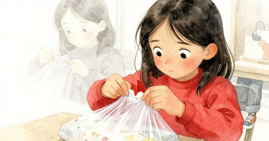 法伊緊張地拉扯緊繃的塑料包裝，近距離捕捉其乾燥裂聲與專注神情，場面充滿細膩張力。