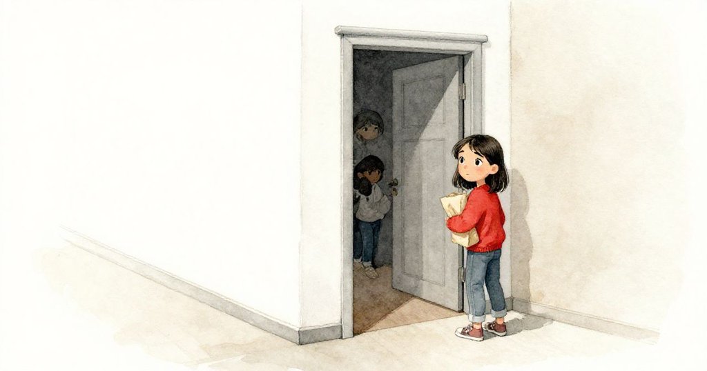 法伊夾著紙捲堅定地轉過走廊角落，背影中留有近閉門扉與充滿探險氣息的室內輪廓。