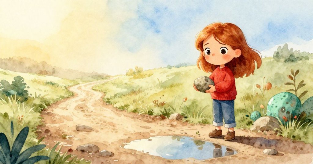 Blythe在小徑邊舉著一塊石頭,水坑中倒映出她認真的神情,背景有晨光與綠意勾勒的鄉村風景