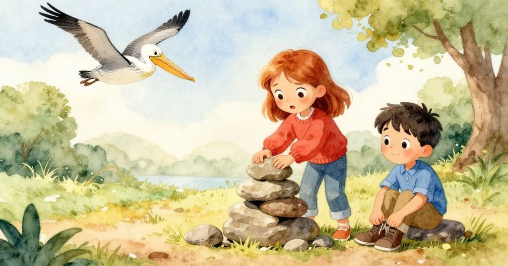 Blythe與Orson在開闊的戶外場景中分工合作,Blythe調整石堆,Orson整理鞋帶,遠處有一隻鵜鶘在晨光中飛翔