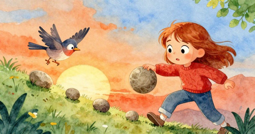 Blythe迅速旋轉石塊穩定石堆,旁邊小石子跳落坡面,使隱藏的小鳥發出驚鳴,動感十足的場景展現急動