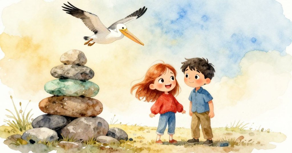 Blythe和Orson在穩固的石堆旁面帶微笑相聚,背景晨光柔和,鵜鶘在藍天中翱翔,呈現出溫馨團圓的氛圍