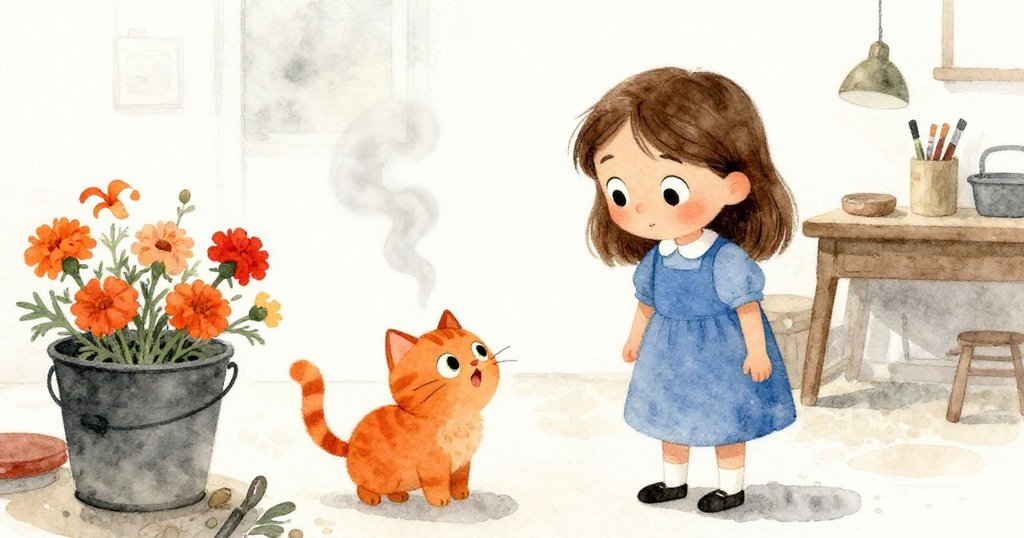 女孩Ada在溫暖的工作間中，注視著從桶中飄散的橙色花香蒸汽，貓咪在旁邊好奇地觀望著。