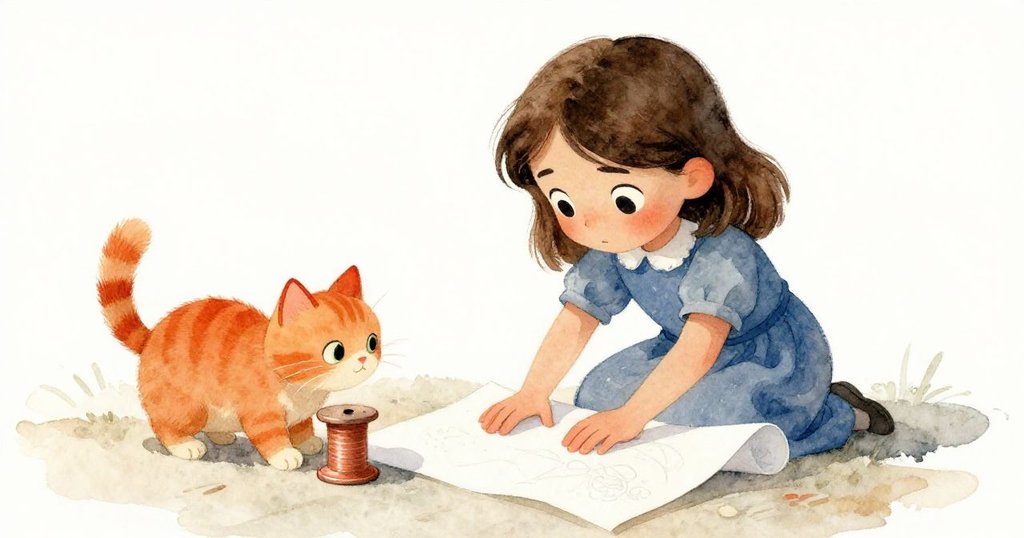 從低角度看去，Ada堅定操作著紙張，橙色貓咪輕推銅色絲帶，紙上散落著微小亮點，畫面充滿動感。