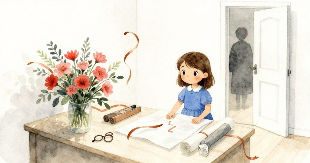 從高處俯瞰，工作間內花卉精美排列，Ada忙碌包裝中，門外溫暖光線中隱現客人步影，畫面和諧美麗。