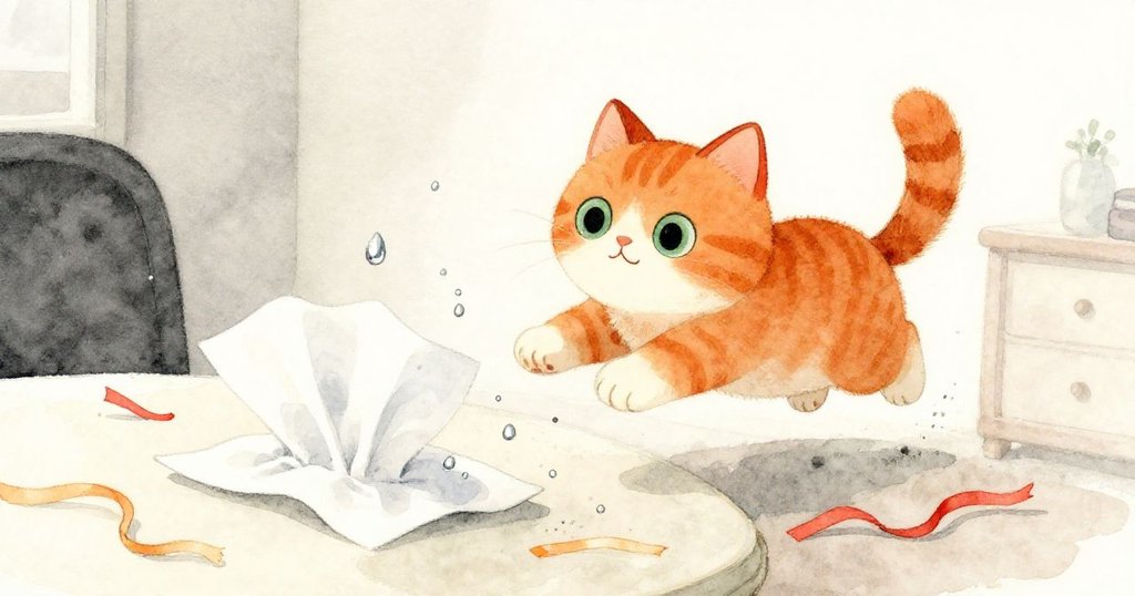 橙色貓咪興奮追逐散落的微光滴點，動感十足地穿越擺滿包裝材料的桌面，畫面活潑而溫馨。