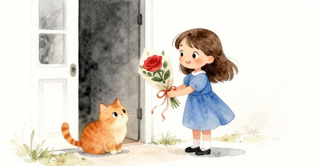 Ada滿懷自信地展示完成的花束，門口輕舞的銅絲帶象徵新開始，貓咪安靜守候，溫馨畫面傳達希望。