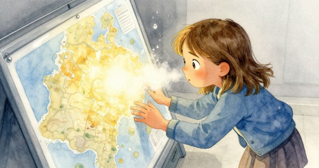 從高處俯視,Sable專注地靠近覆蓋霧氣的面板,用溫暖的呼吸和手指輕推地圖,展現出堅定與創意。