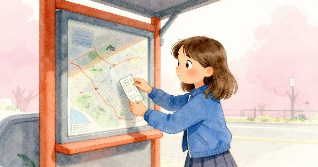 在室內公車候車區,Sable用摺疊的舊票當楔子固定微開的面板,涼爽空氣透出清晰地圖路徑,室內外對比明顯。