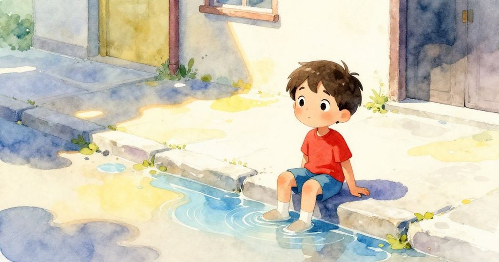 Sam 坐在陽光灑落的石塊上，靜靜聆聽水滴敲擊水坑邊緣，臉上流露出平靜與專注，庭院充滿溫暖陽光。