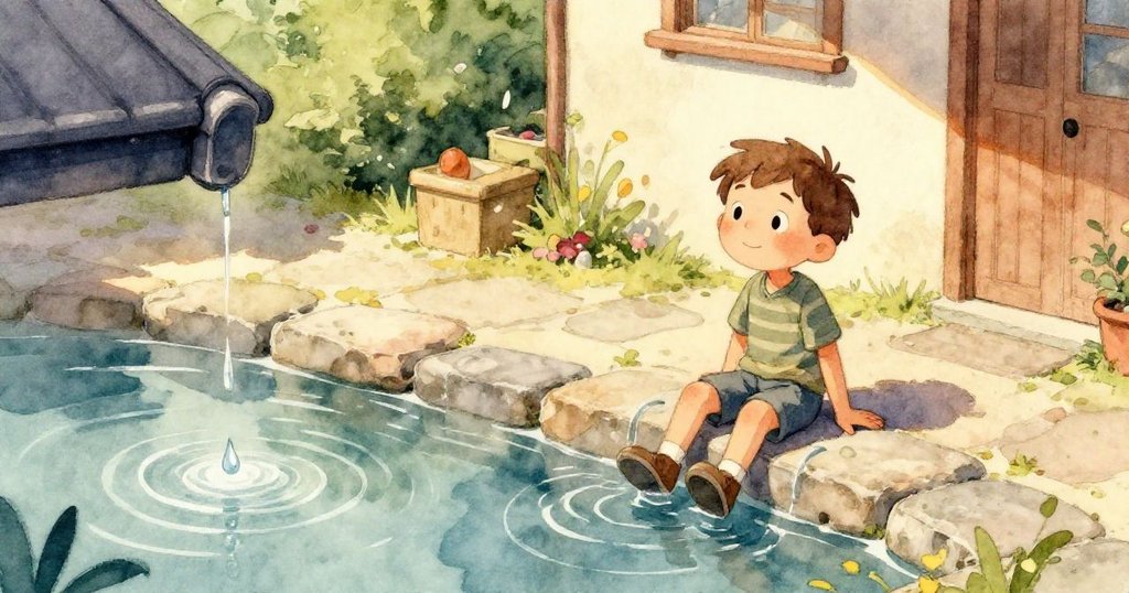 Sam 用主觀視角凝望水面上逐漸擴散的漣漪，水中映出碧空與城市輪廓，表情充滿好奇與沉思。