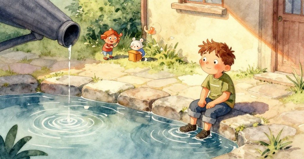 庭院中，一根樹枝被微風吹動搖晃，一顆橡果隨即掉落在水流上，動感十足，令人驚喜連連。