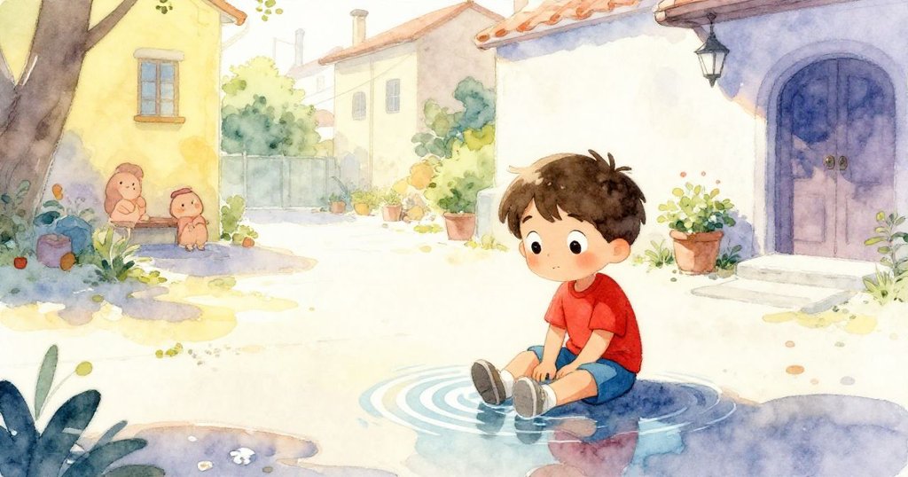 Sam 靜坐於整潔庭院中，遠處水面漣漪逐漸消散，整個場景充滿寧靜與溫馨，完美呈現午後安詳。