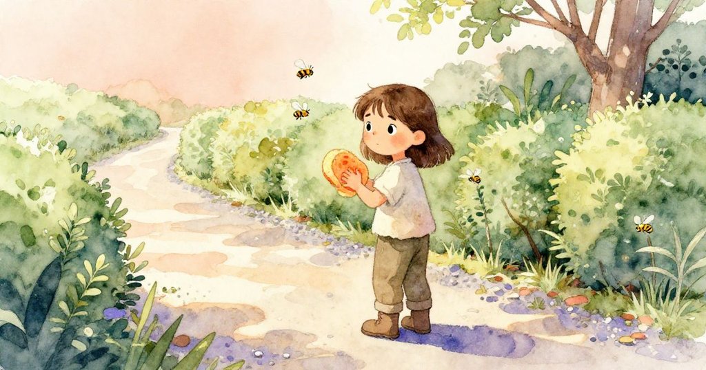 在溫暖中午光線下,Colette 握著濕潤染料海綿站在石子路旁的箱木叢中,神情專注且鎮靜,蜜蜂輕飛。