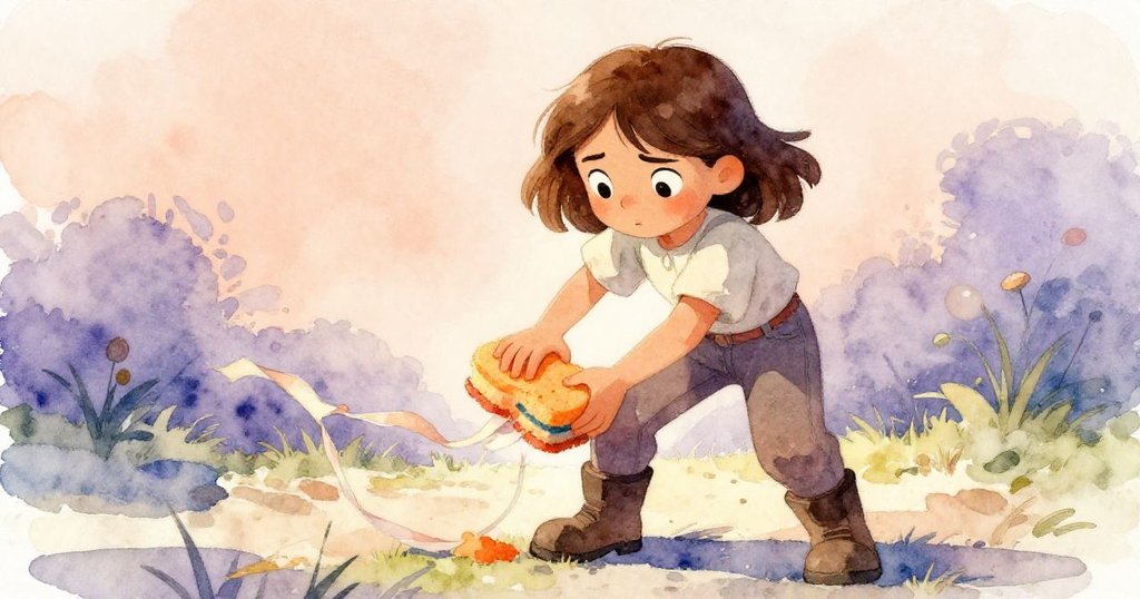 低角度仰視中,Colette 用橘色海綿輕拍舊緞帶,臉上專注決心,陽光灑落下呈現明暗對比。