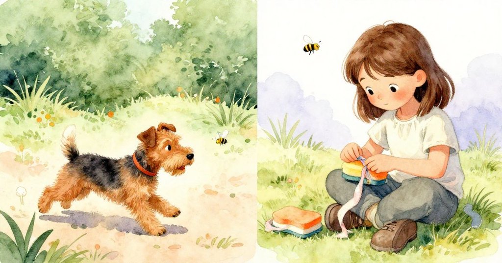 畫面一分為二,一側小犬追逐嗡嗡飛舞的蜜蜂,另一側 Colette 專心用海綿修補緞帶,動靜對比中帶來意外驚喜。