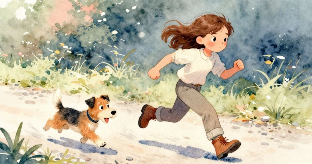 Colette 急速追趕搖鈴作響的小犬,穿越碎石小徑,臉上流露著緊張與決心,活力四溢的動態場景。