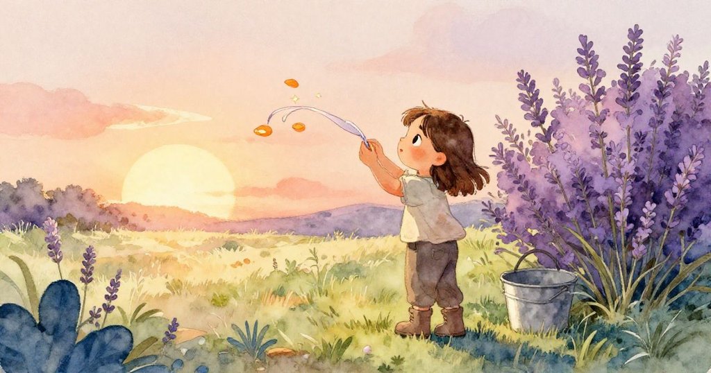 傍晚金色下,Colette 完成修補緞帶,緞帶上閃爍橙色亮點,金光與薰衣草陰影中呈現溫馨滿足的結局。