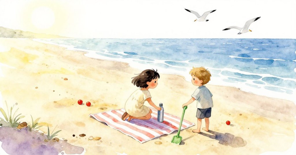 花娜與齊克在海灘探索，手持沙灘道具，背景有海浪與海鷗，表情充滿期待，展現冒險的開始。