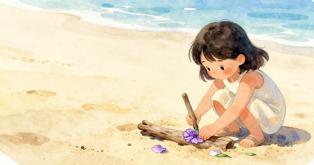 花娜專注於沙上雕刻花瓣，手持木棒動作精細，空曠沙灘襯托出創作氣氛，神情專注。