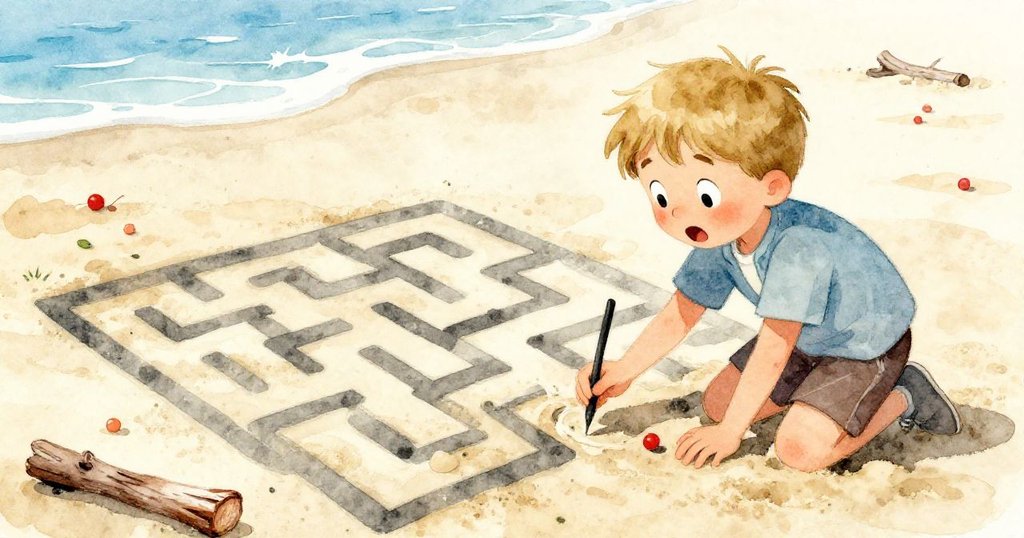 齊克聚精會神繪製沙中迷宮，木棒突斷令他大感意外，從高角度捕捉臉部表情與沙面紋理。