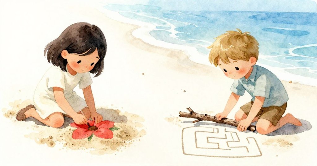 花娜與齊克並肩創作，一邊修補沙中花瓣，一邊刻畫迷宮線條，互致感謝，潮水緩進營造雙重場景。