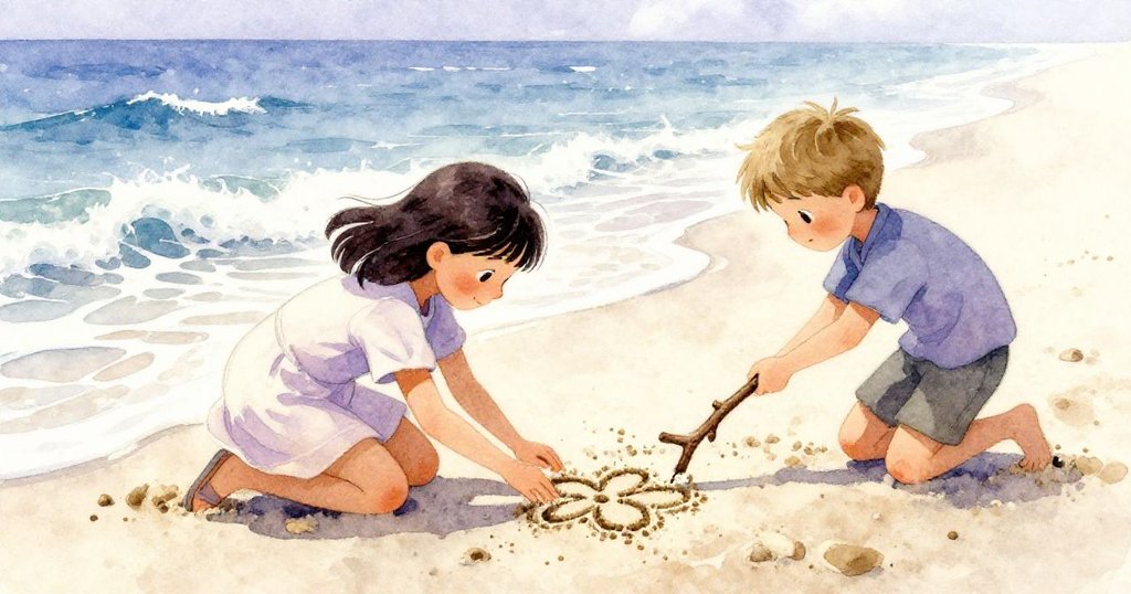 花娜跪視海浪衝刷沙中花，齊克小心舉棒護作品，兩人展現堅定與好奇，潮水動態感十足。