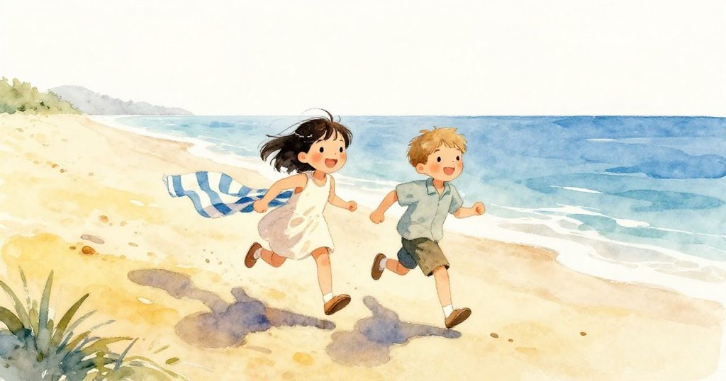 花娜與齊克在沙丘上快跑，身後留下一條濕透的彩條毛巾，臉上洋溢著創意冒險結束的喜悅。