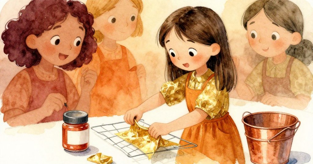 霍普在牆邊輕輕按壓金色紙組，旁邊擺放著貼滿顏料的糊狀桶和罐子，背景呈現忙碌創意場景。