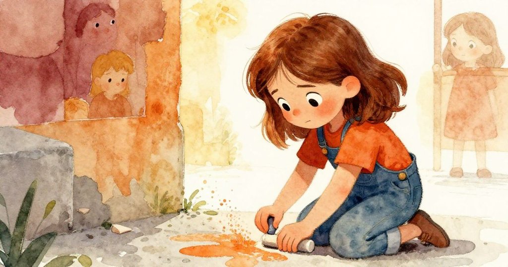 莉莉跪在粗糙混凝土地面上，專心用力擠壓破碎粉筆邊緣，細密粉塵隨著動作飛揚，神情專注。