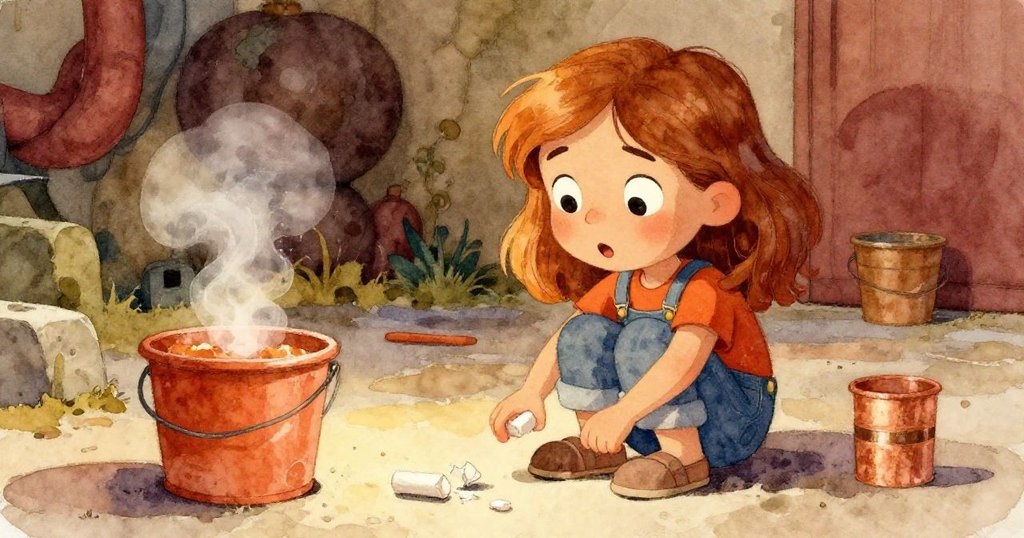 莉莉在戶外藝術現場注意到鞋邊滾動的斷粉筆，停下動作，旁邊粘糊桶中溫暖蒸氣輕繞，神情帶有驚訝。