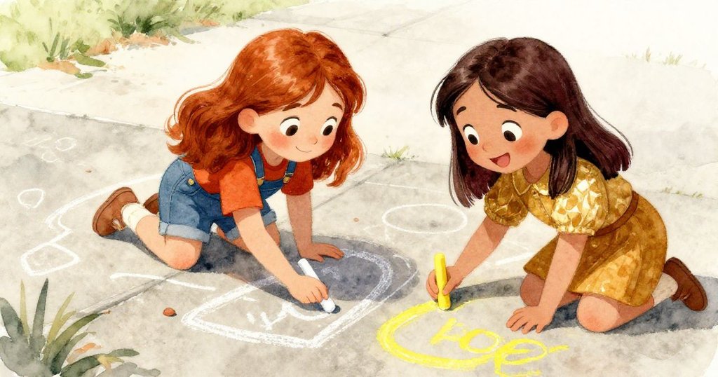 莉莉與霍普在戶外共同用白粉筆與黃粉筆畫出整齊明亮的線條，彼此動作協調，臉上洋溢著成功喜悅。