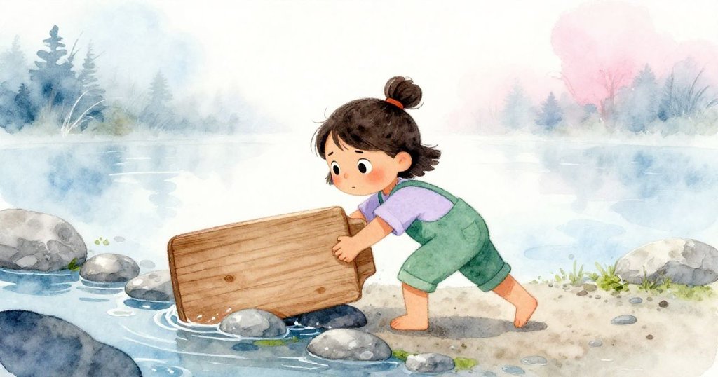 清晨薄霧中，Zara用力推動緊卡的木板，臉上流露堅定與疲憊，背景為濕潤石頭與自然氛圍。