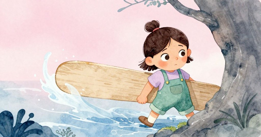 從隱蔽視角觀察到Zara專注推動木板，臉上表情堅毅，微弱移動的木板與水滴映襯自然細節。