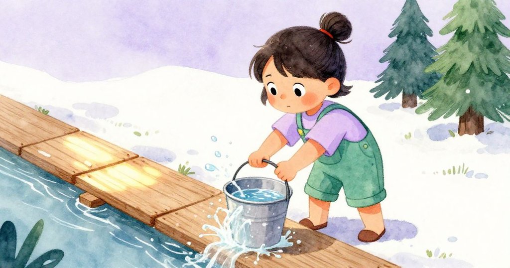 Zara在戶外區域撿起水桶，灑冷水於燙熱木板上，濺起水花伴隨微微汽聲，動作果斷。