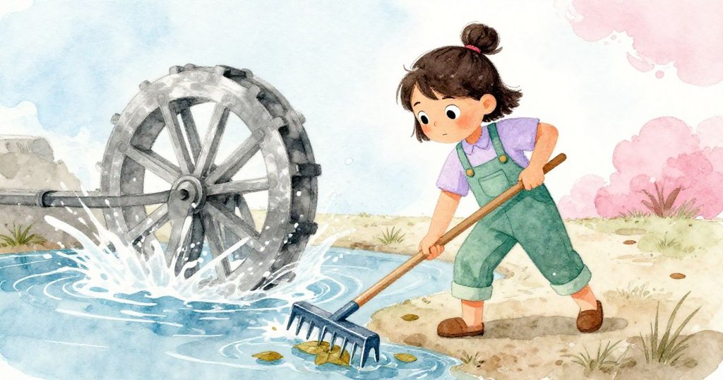 Zara緊握長耙，清理堵塞木板邊的濕漉樹葉，水流急促，臉上既專注又略帶緊張。