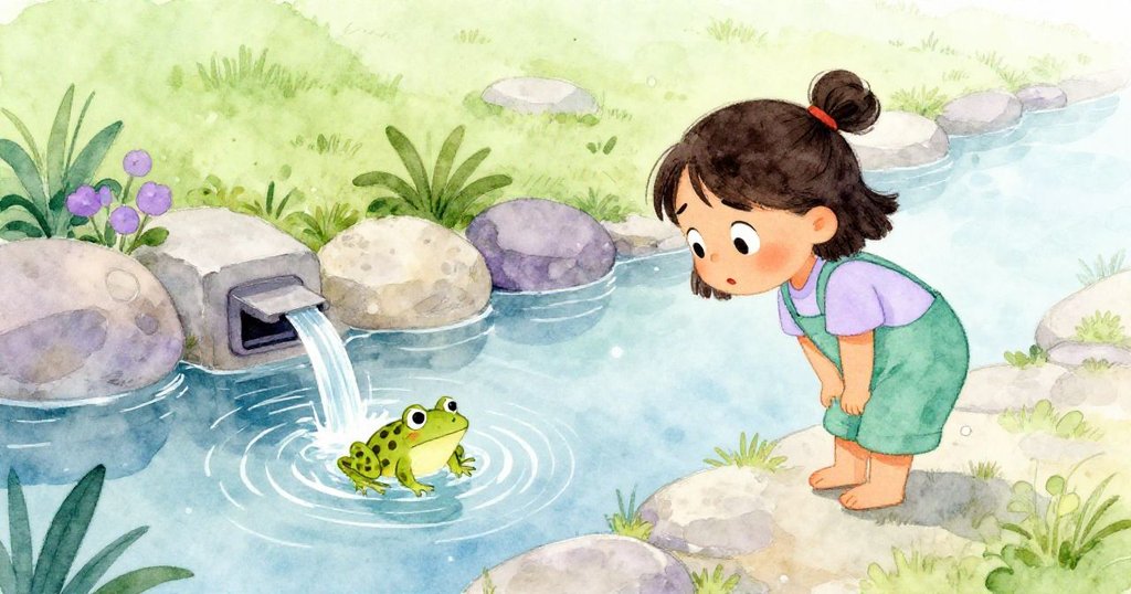 Zara滿懷寬慰注視小青蛙順流而下，環境祥和，陽光溫暖灑落，臉上顯示出解脫與喜悅。