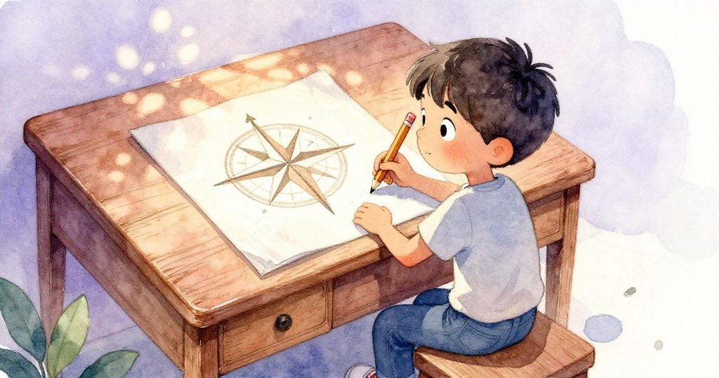 Trent正好奇地檢視舊桌上刻有指南針玫瑰的劃痕,手拿鉛筆,環境溫暖,充滿探索感