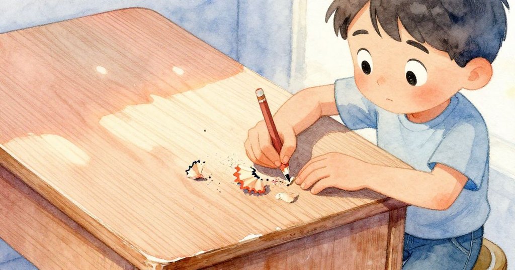 Trent專注清除桌面上鉛筆削屑,近距離展現溫暖木紋與粉筆般質感,充滿認真探索情緒