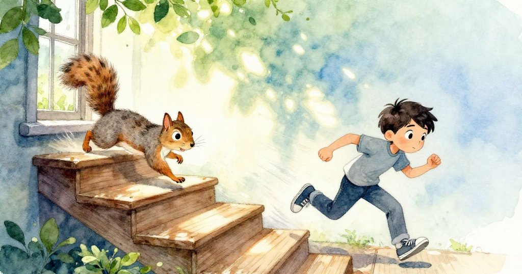 Trent緊追一隻灰色松鼠,動感十足的木製階梯上留下行動軌跡,畫面充滿活力和冒險氣息