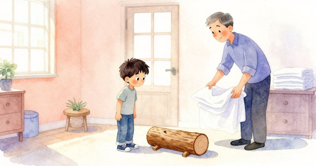 Trent下樓後輕觸著帶箭頭記錄的日誌,父親在一旁細心整理空白頁,室內彌漫著溫馨平和氛圍