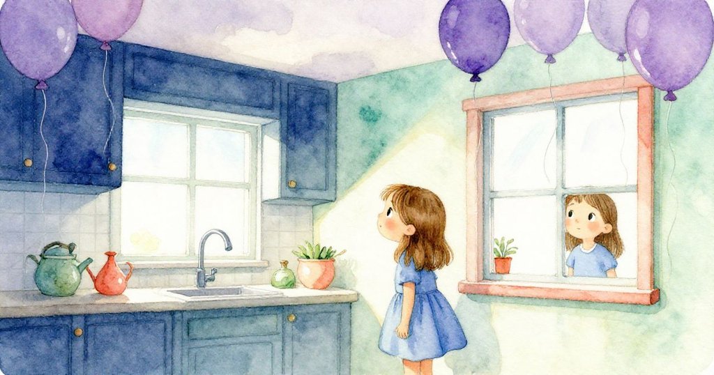 Tara站在溫暖的廚房中,透過窗戶倒映出她專注神情,準備佈置紫色氣球,氣氛充滿期待與柔和光影。