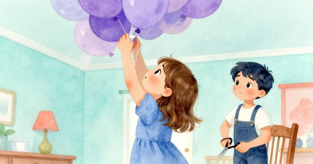 Tara與Hugo在明亮廚房內分工合作,前景中Tara用膠帶固定氣球,後景中Hugo專注剪繩,氣氛專注而溫馨。