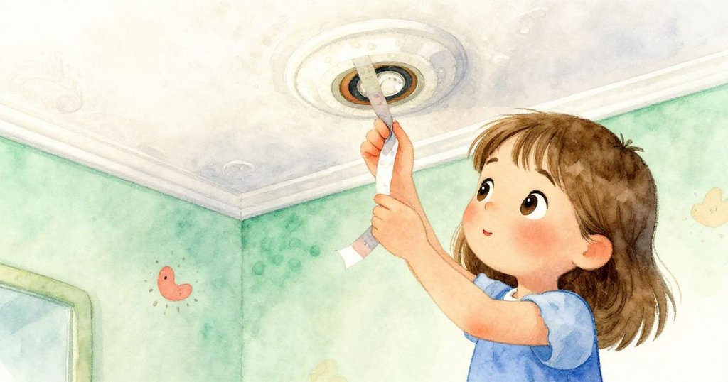 Tara專注地更換新舊膠帶,近鏡頭呈現她堅定神情與粗糙天花板細節,充滿溫柔認真感。